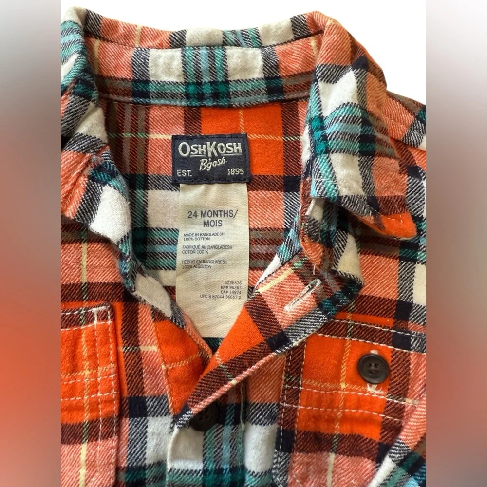 OshKosh B'Gosh Baby Boys' Button-Front Plaid Orange Blue Flannel One Piece